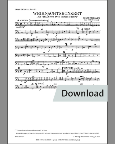 Weihnachtskonzert "Ich verkündige euch große Freude" für zwei Singstimmen, zwei Melodieinstrumente und Basso continuo, Instrumental- und Vokalchor dazu ad libitum — Vierdanck Johann