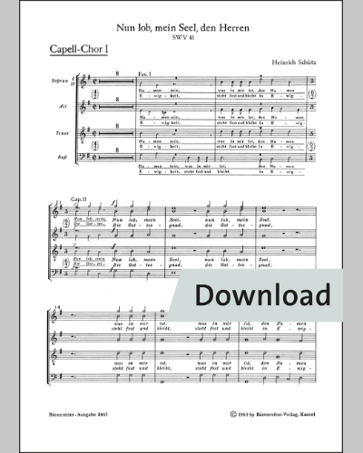 Nun lob, mein Seel, den Herren für zwei vierstimmige Favorit-, zwei fünfstimmige Capell-Chöre und Basso continuo SWV 41 — Heinrich Schütz
