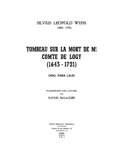 Tombeau sur la mort de Mr. Comte de Logy — 西尔维厄斯·利奥波德·魏斯