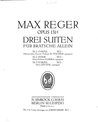 Three Suites for Solo Viola, op. 131d — Max Reger