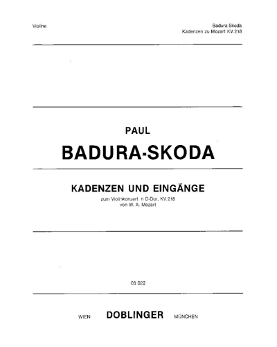 Cadenzas and Introductions for Mozart's Violin Concerto in D major, K. 218 — Paul Badura-Skoda