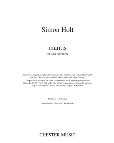 Mantis (Arranged for Tenor Saxophone) — Simon Holt